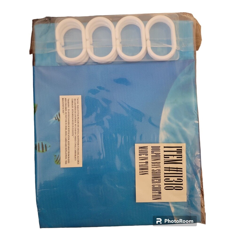 NIP Dolphin Bay Shower Curtain 11318 w Rings And Bath Tub Treads New In Package - Picture 2 of 5